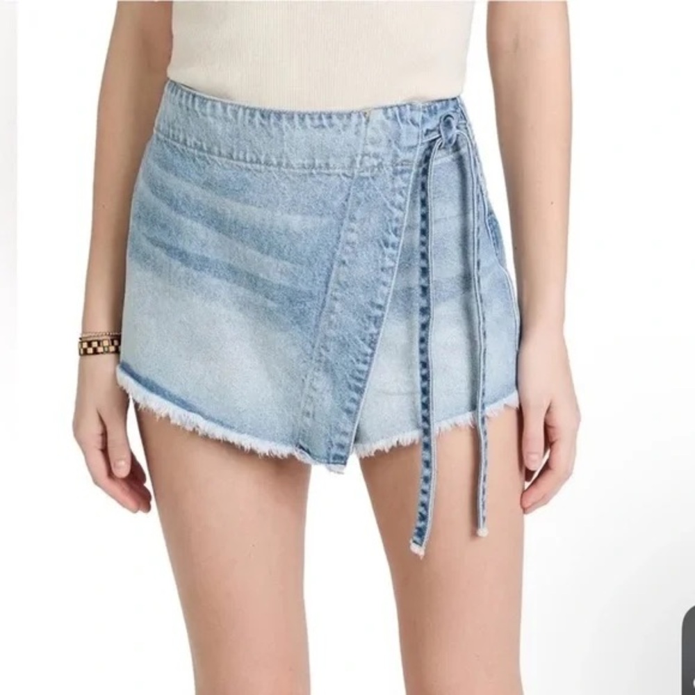 Free People Light Blue Denim Wrap Mini Skort